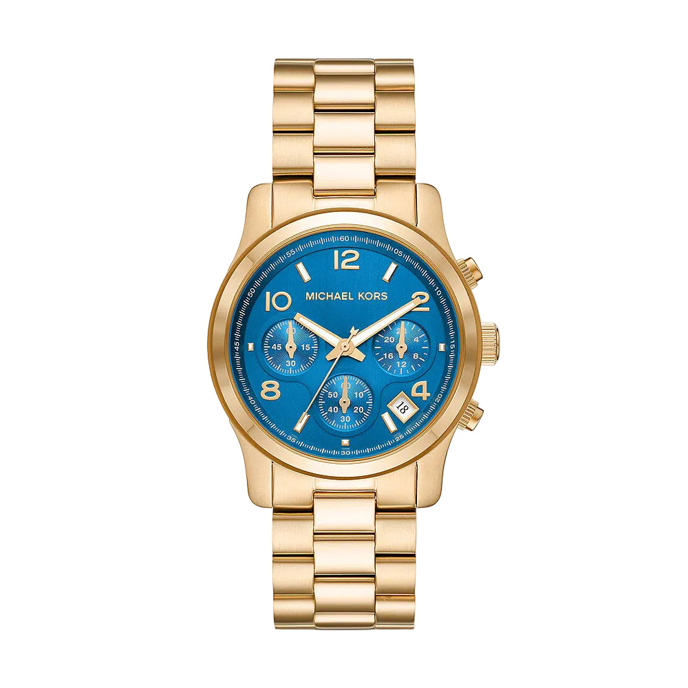 Michael Kors Runway gold-tone chronograph women's watch with blue dial and three sub-dials