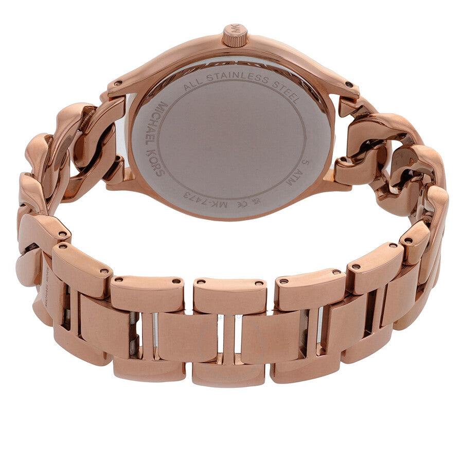 Back of Michael Kors Runway MK7473 watch showing stainless steel case back and chain bracelet