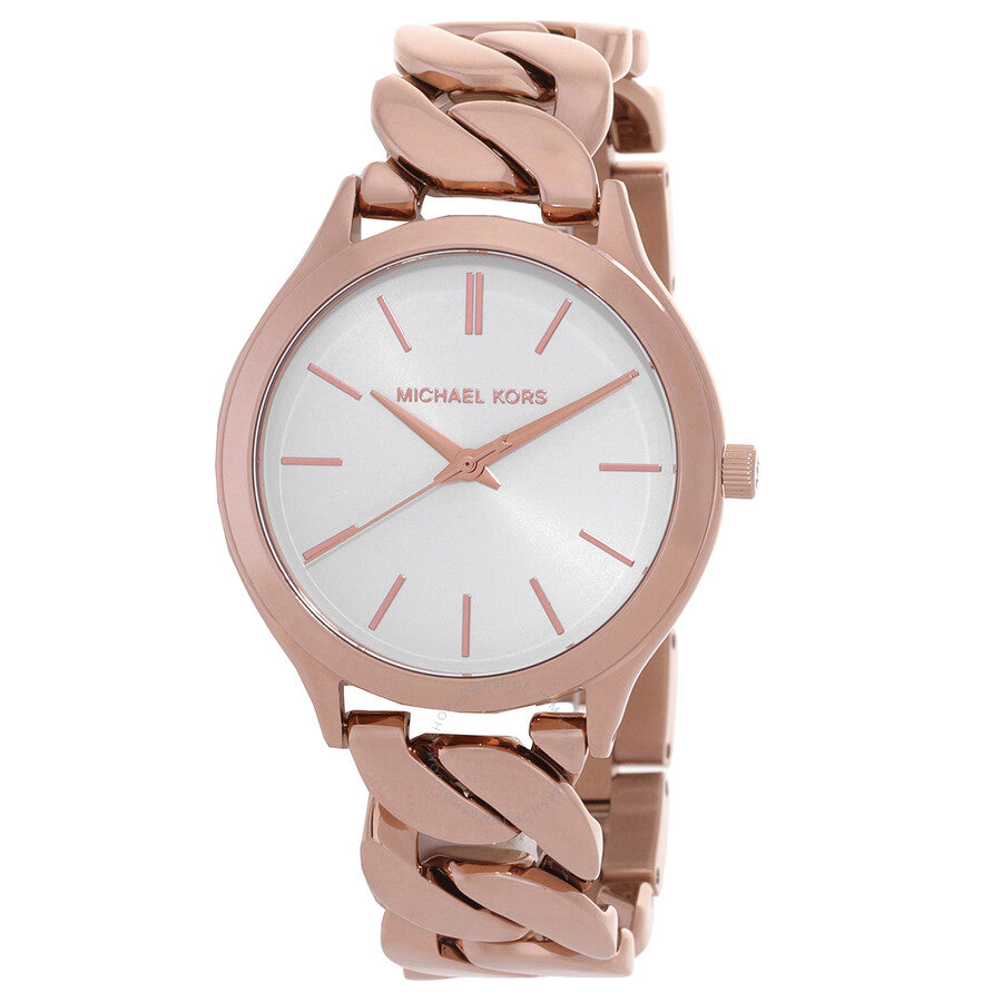 Michael Kors Runway rose gold-tone women's watch with white dial and rose gold chain bracelet