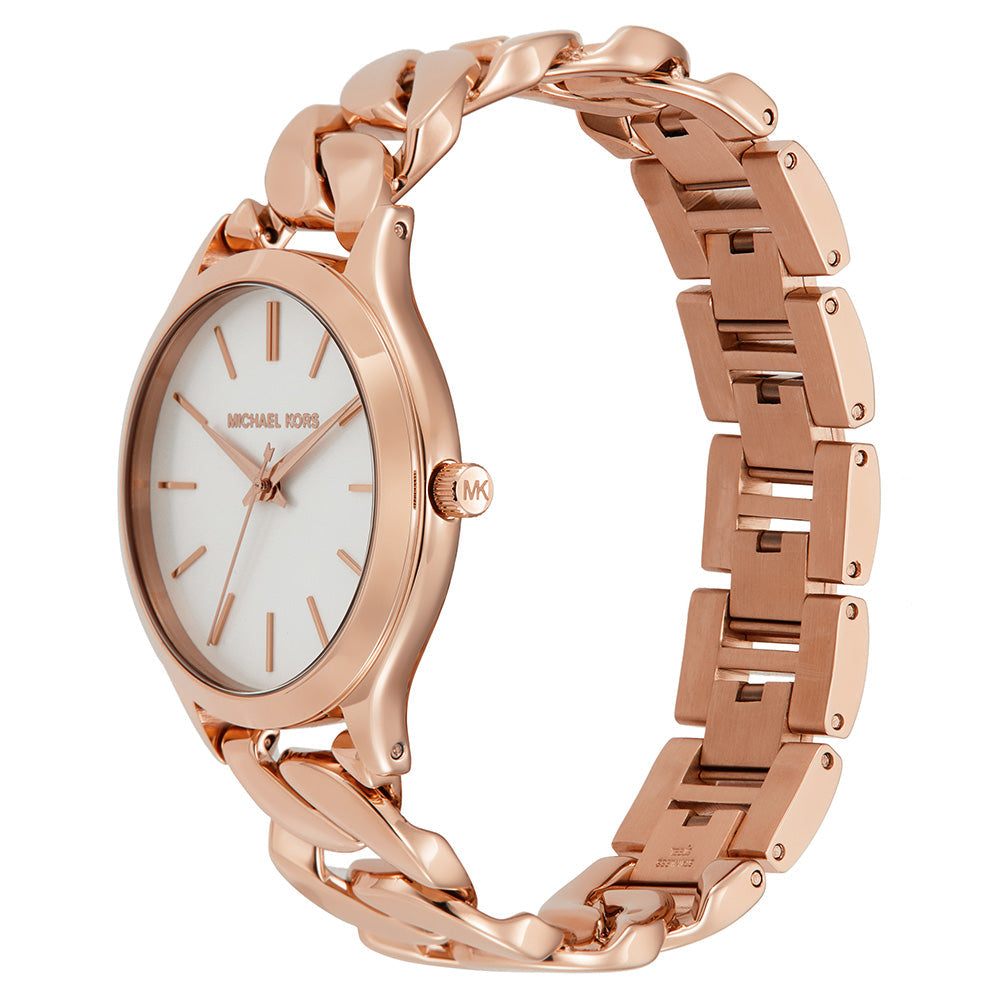 Michael Kors Runway MK7473 watch displayed on wrist, showing rose gold-tone case and bracelet