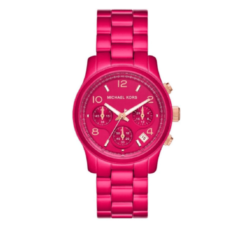Michael Kors Runway Chronograph Limited Edition pink dial watch with pink steel strap and white hands