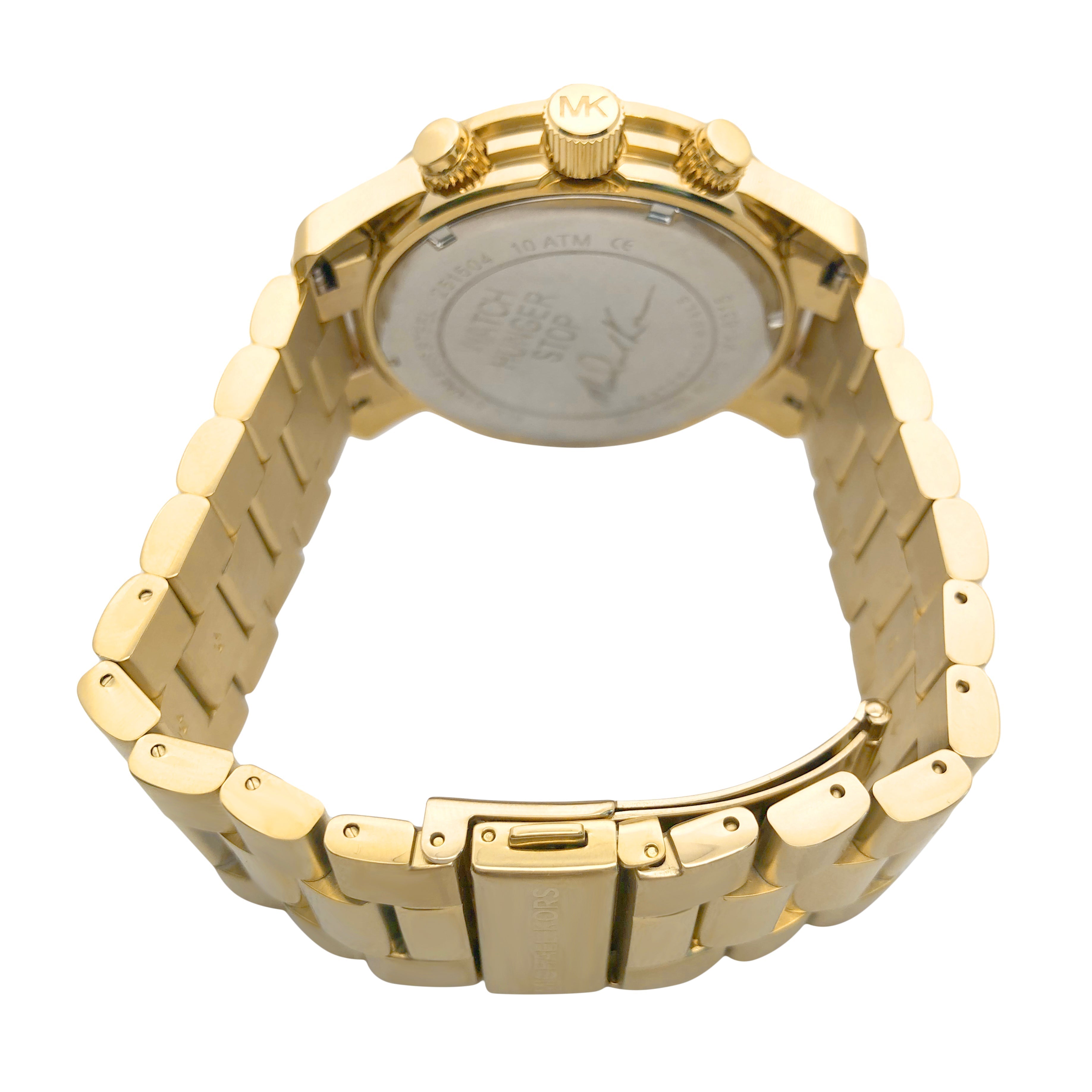 Gold-tone chronograph watch caseback and bracelet detail showing solid case construction