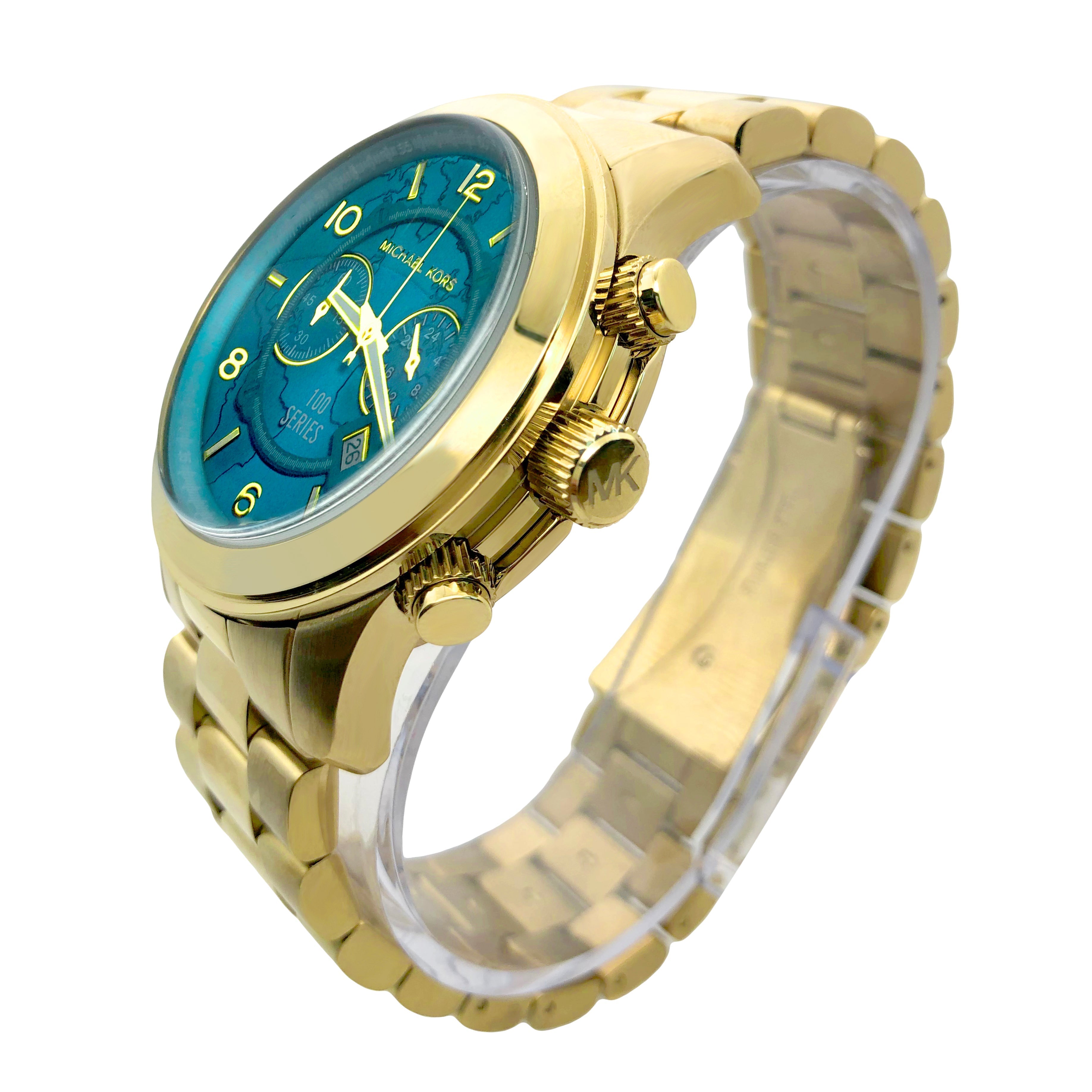 Michael Kors Runway gold-tone watch with blue dial shown from side angle on white background