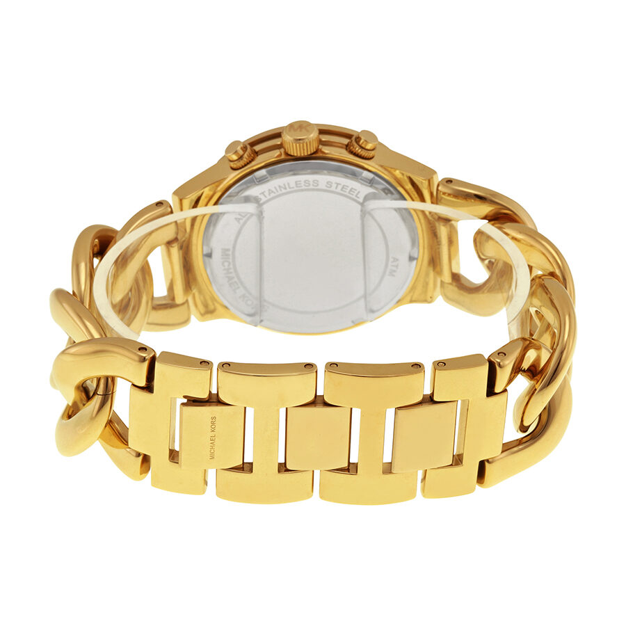 Michael Kors Runway Twist MK3131 caseback showing stainless steel backing and bracelet