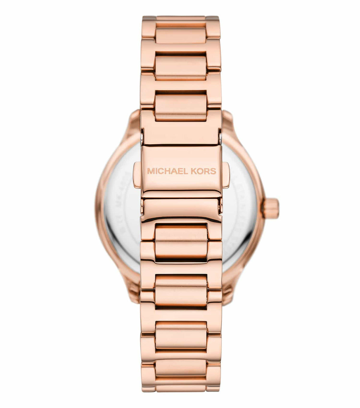 Michael Kors Sage MK4806 case back showing rose gold-tone stainless steel