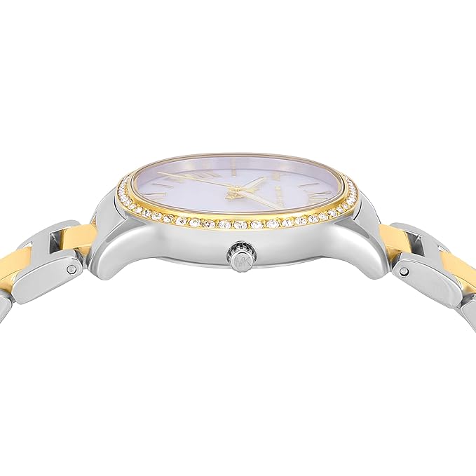 Side view of Michael Kors Sage watch showing polished case and two-tone bracelet