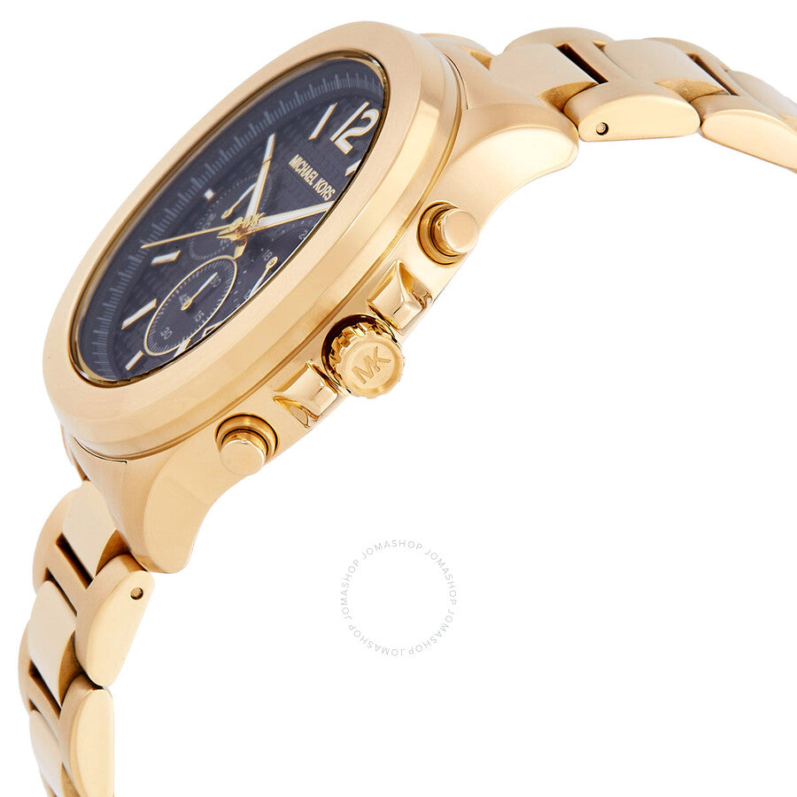 Michael Kors Sage chronograph watch side view showing gold case, black dial, and bracelet