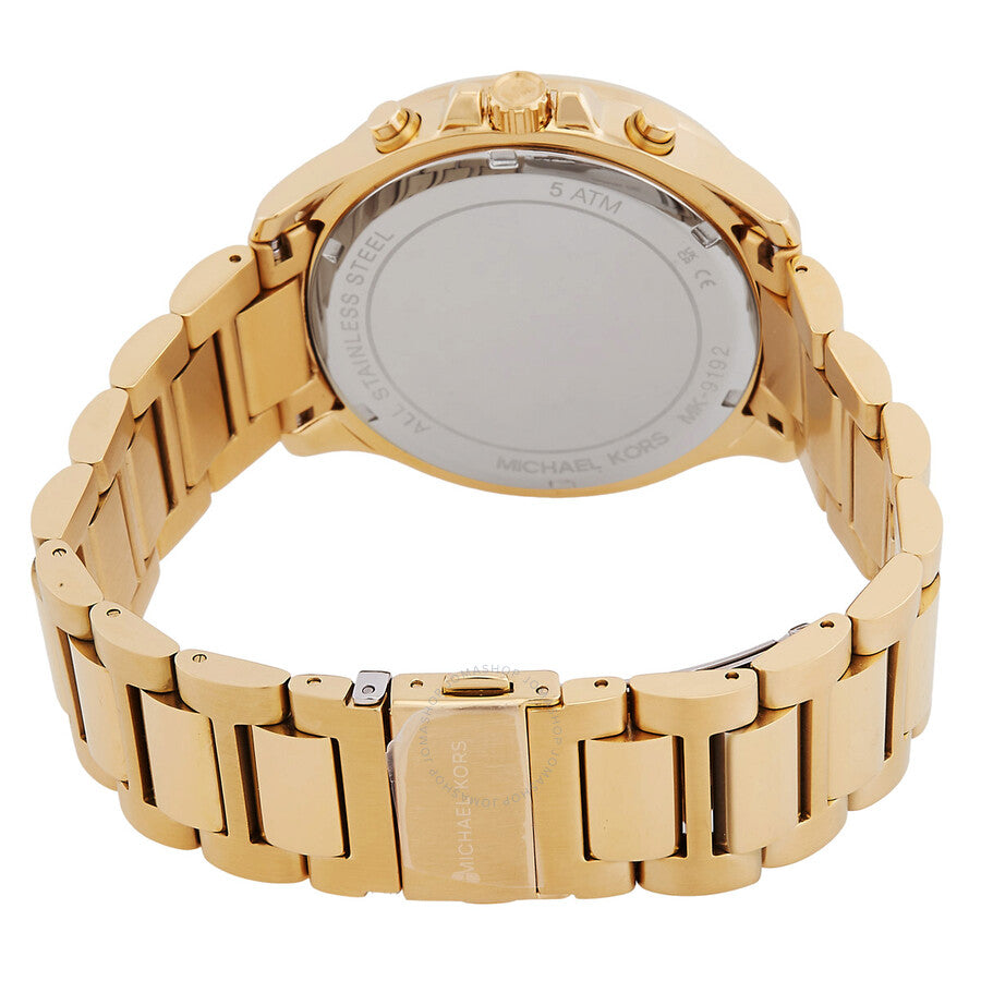 Michael Kors Sage watch caseback showing gold-tone case and bracelet strap