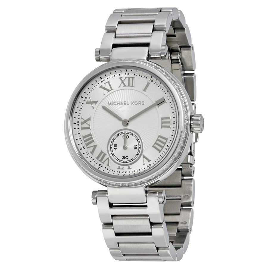 Michael Kors Skylar MK5866 silver women's watch with roman numeral dial and link bracelet