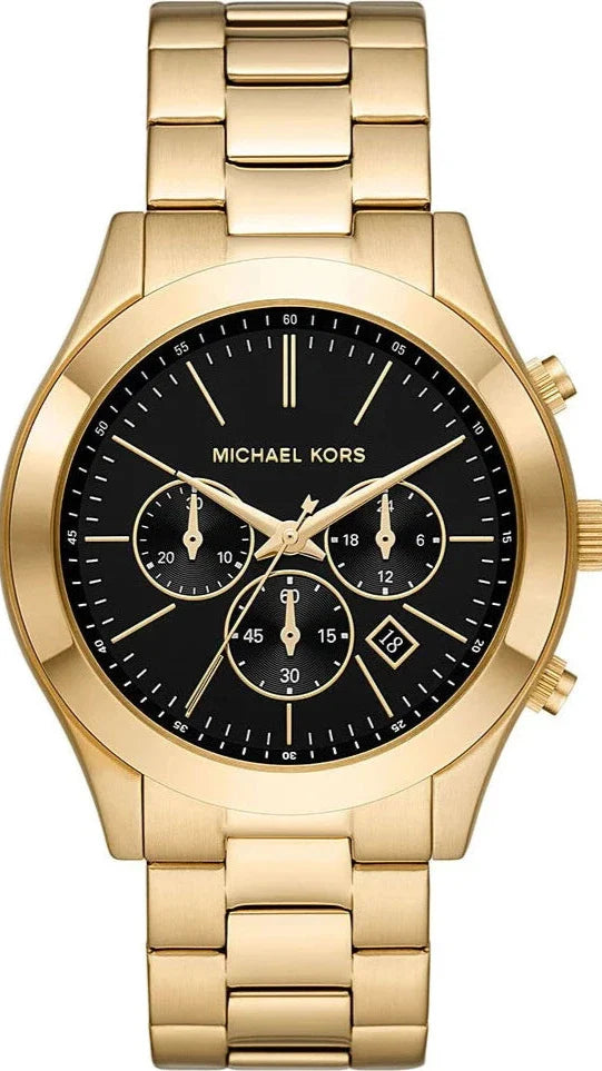 Michael Kors Slim Runway chronograph watch with gold-tone stainless steel case and black dial with three subdials