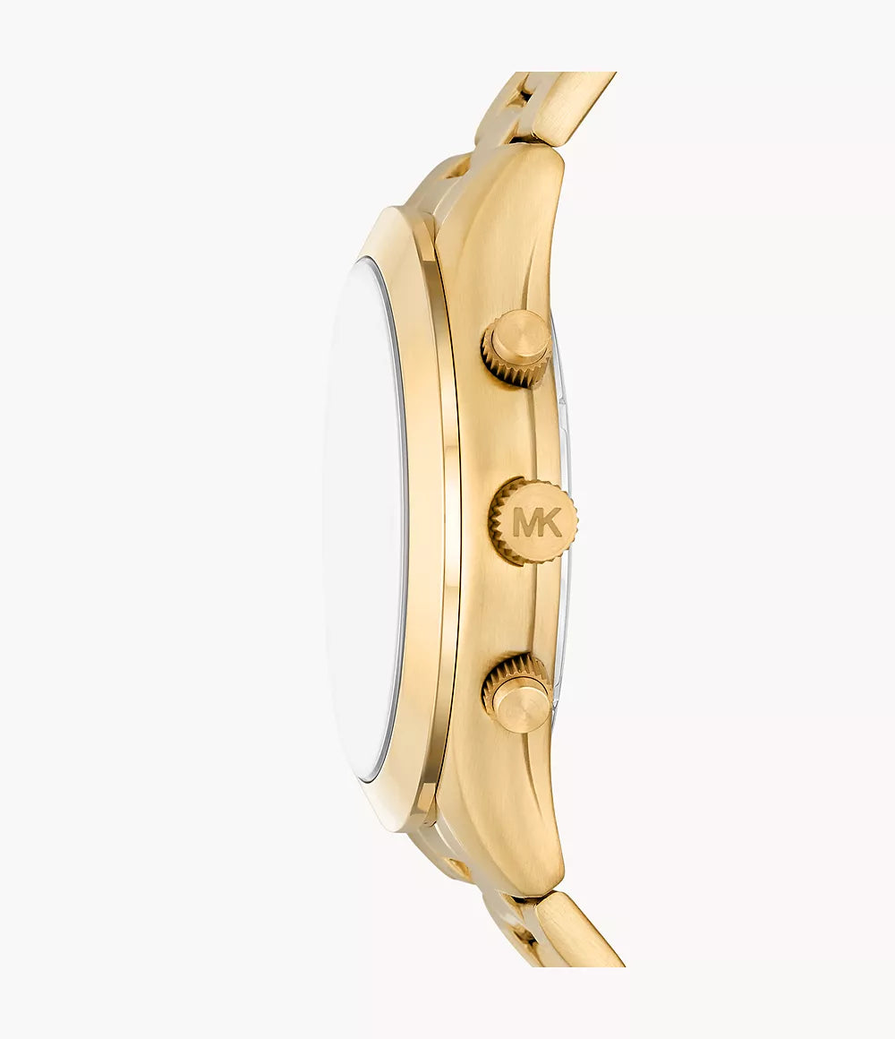 Side profile of gold-tone Michael Kors Slim Runway watch showing thin case and stainless steel bracelet