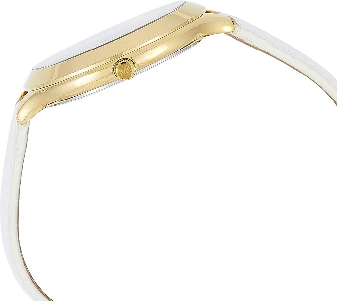 Side view of Michael Kors Slim Runway gold-tone watch with white leather strap