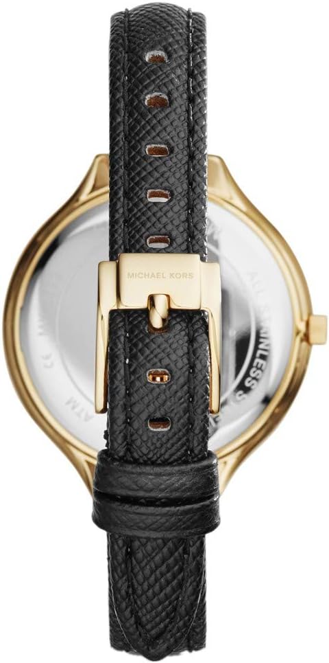 Michael Kors Slim Runway MK2392 caseback showing gold-tone case and black leather strap with deployment closure