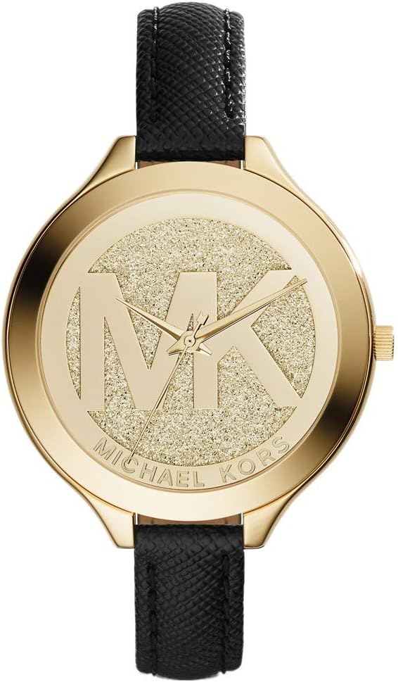 Michael Kors Slim Runway MK2392 women's watch with gold dial, MK logo, and black leather strap