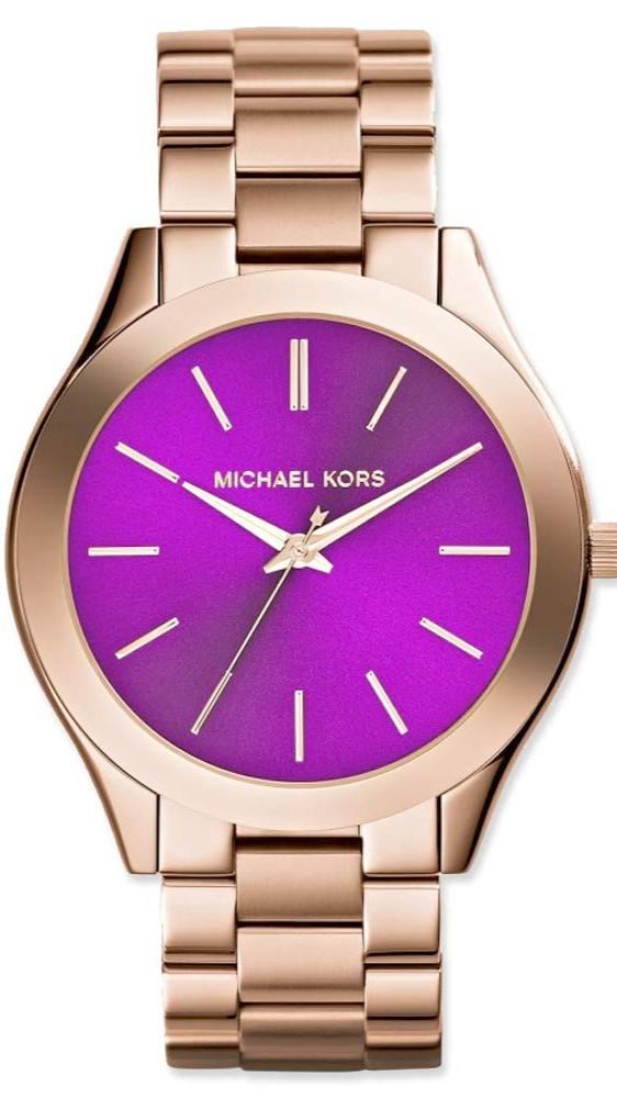 Michael Kors Slim Runway rose gold-tone watch with purple dial and rose gold bracelet