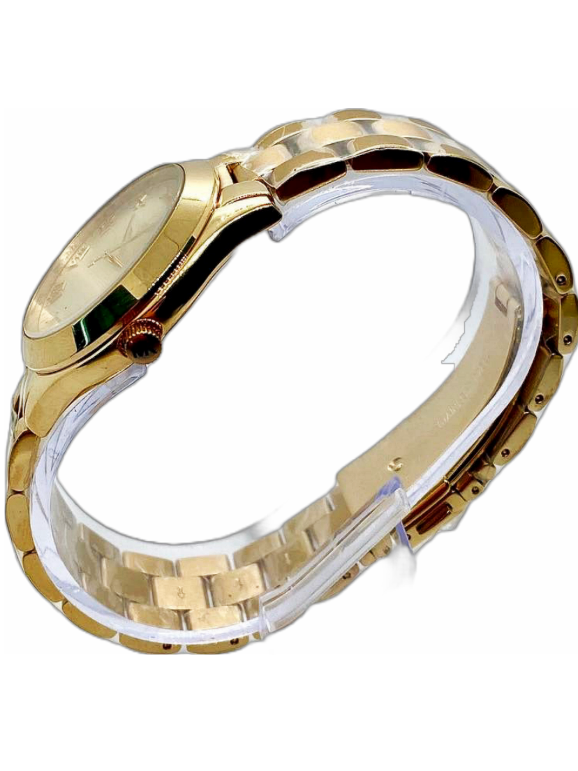 Michael Kors Slim Runway watch side profile displaying slim case and link bracelet