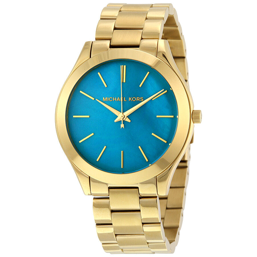 Michael Kors Slim Runway women's watch with blue mother-of-pearl dial and gold-tone case and bracelet