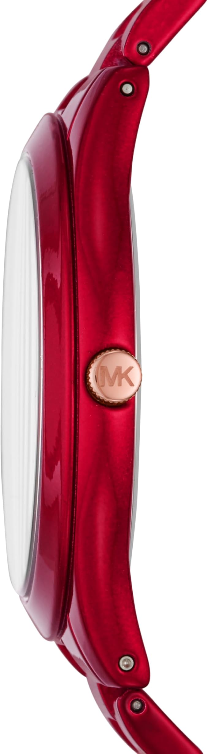 Red steel watch shown from side profile with MK charm detail