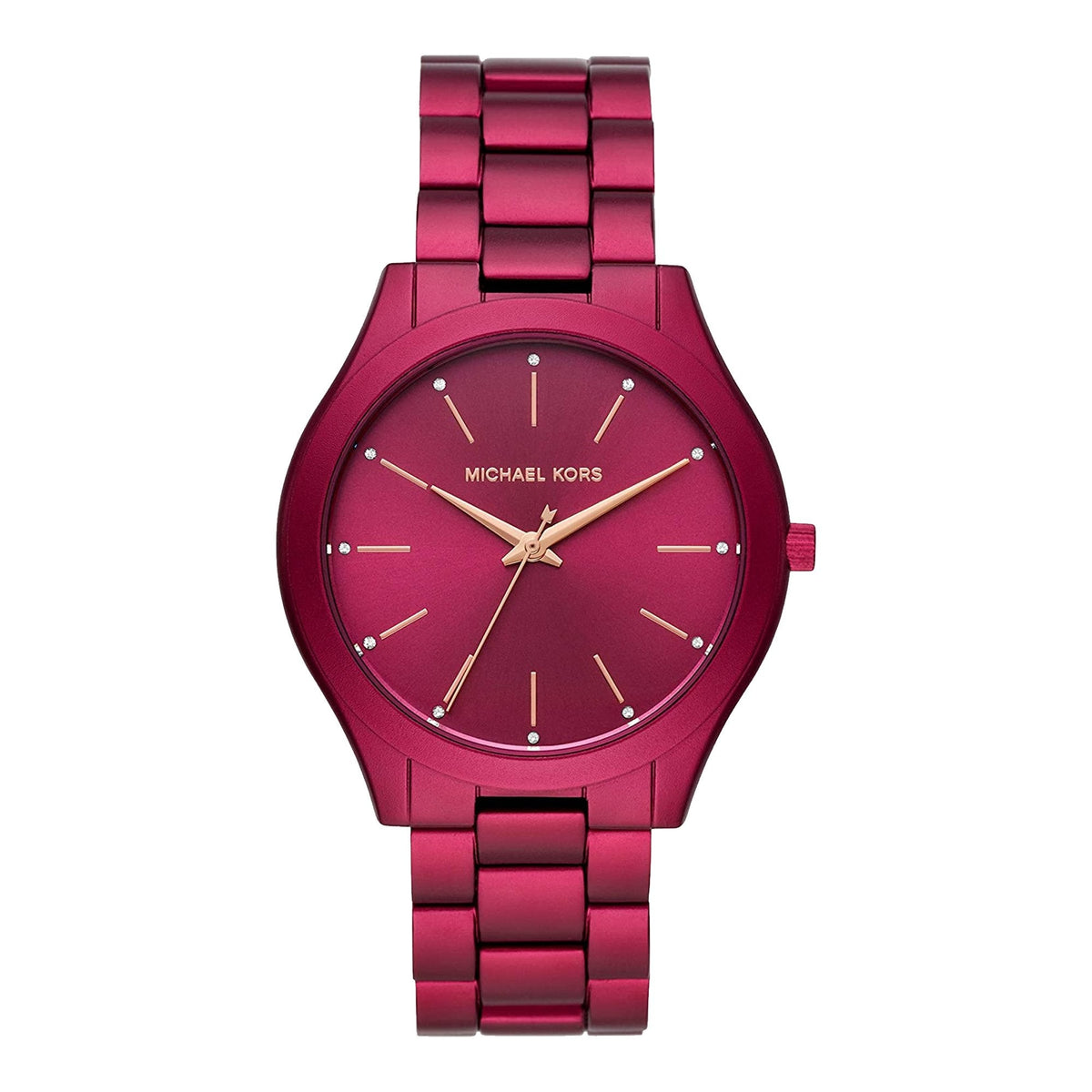 Michael Kors Slim Runway pink women's watch with matching metal bracelet and minimalist dial