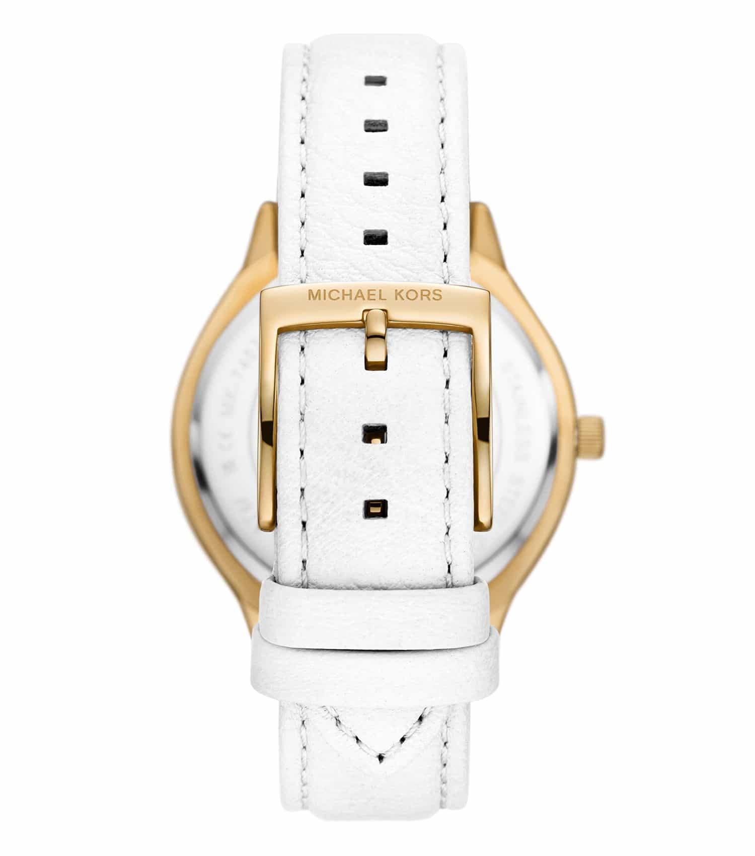 Back view of Michael Kors Slim Runway MK7466 watch showing case and white leather strap