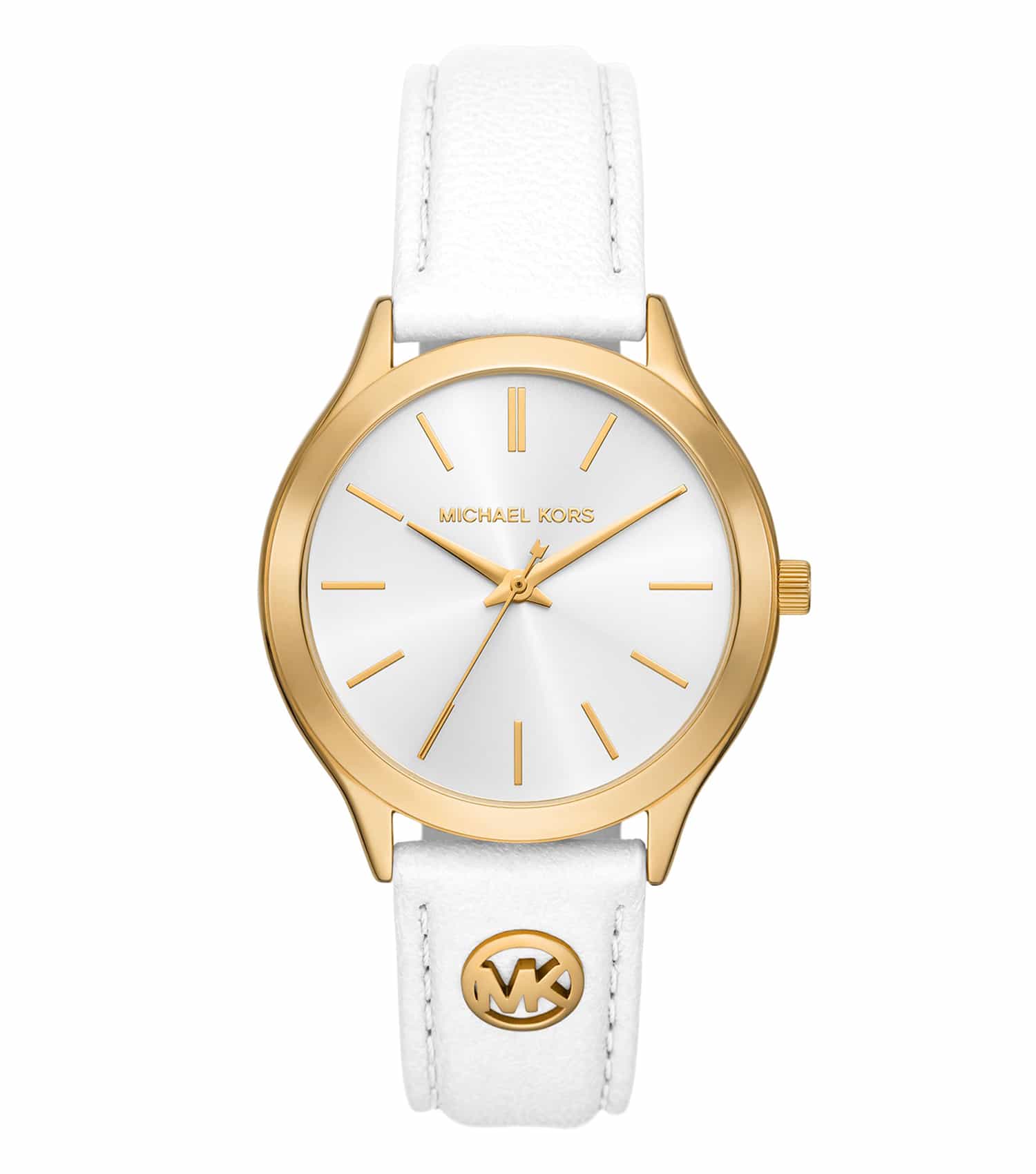 Michael Kors Slim Runway watch with gold-tone case, white dial, and white leather strap