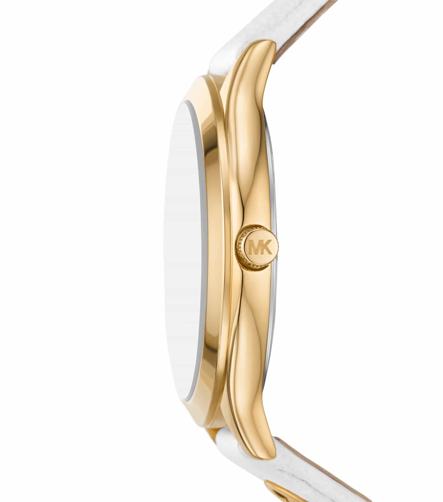 Side view of Michael Kors Slim Runway MK7466 with gold-tone case and white leather strap