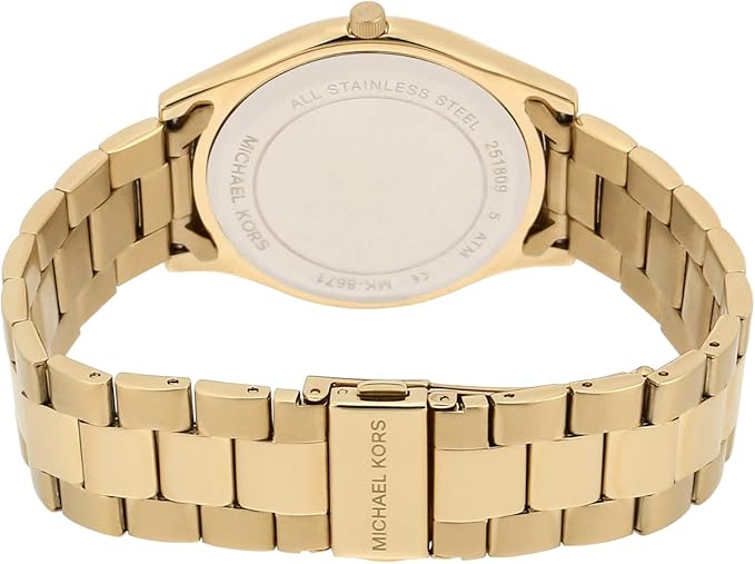 Michael Kors Slim Runway MK8671 case back showing stainless steel with engravings and bracelet