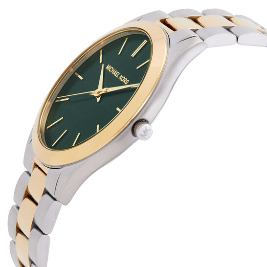 Michael Kors Slim Runway men's watch angled view showing two-tone bracelet and gold bezel