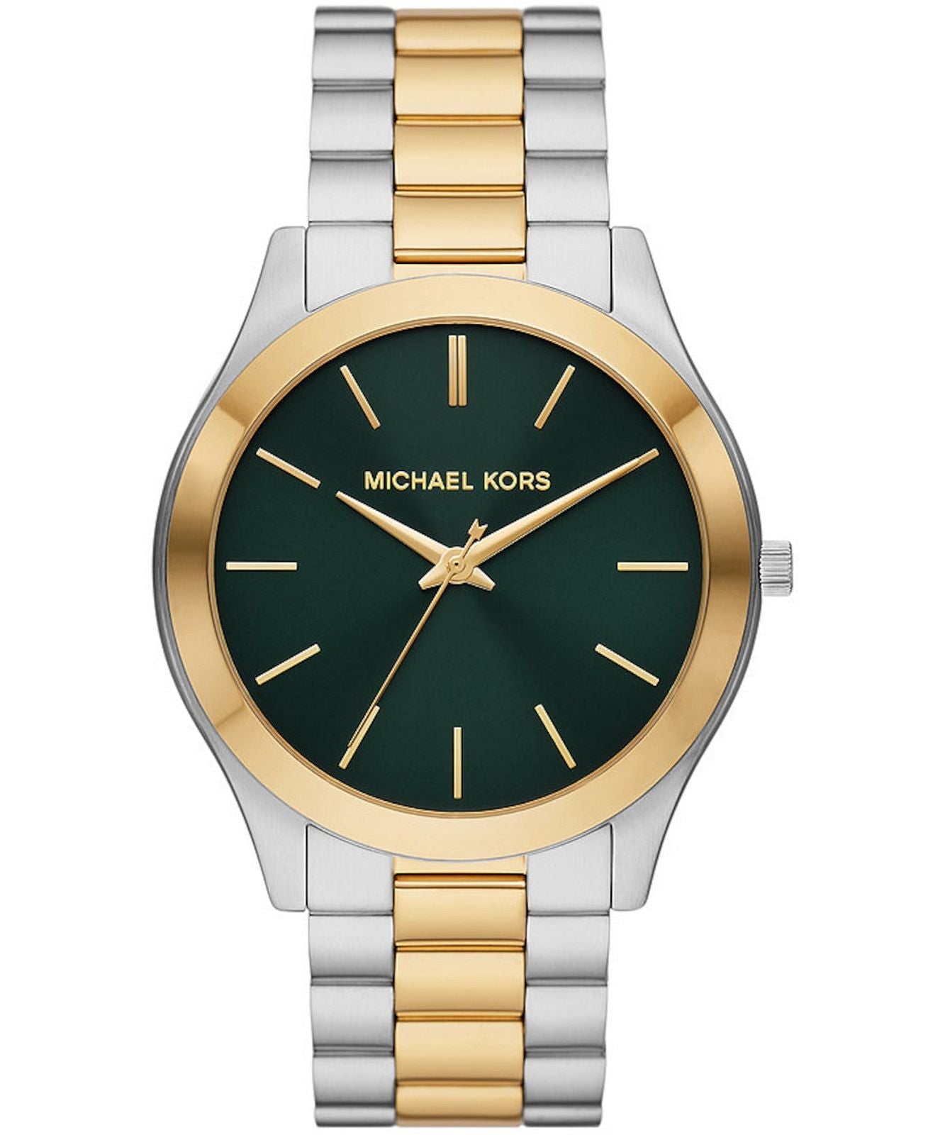 Michael Kors Slim Runway quartz watch, front view with green dial and mixed metal bracelet