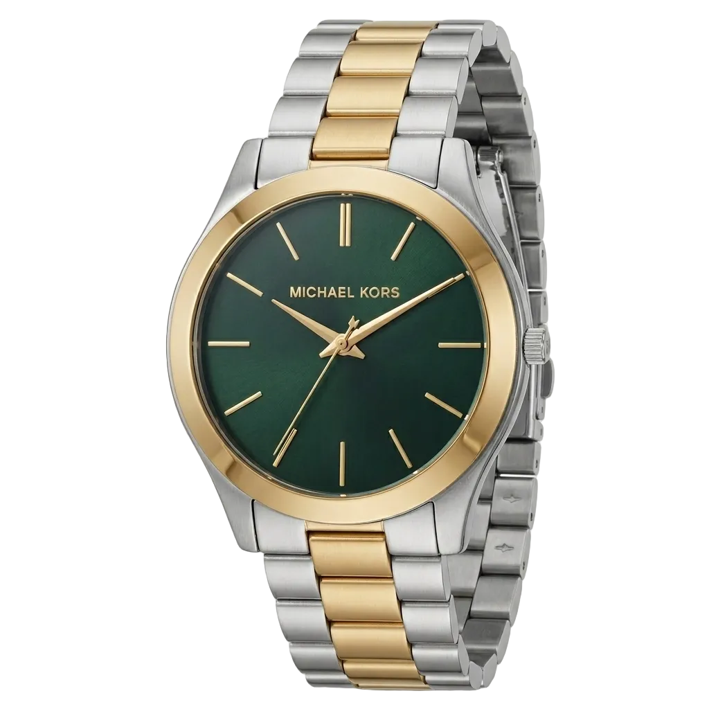 Michael Kors Slim Runway men's watch with green dial, two-tone silver and gold-tone bracelet