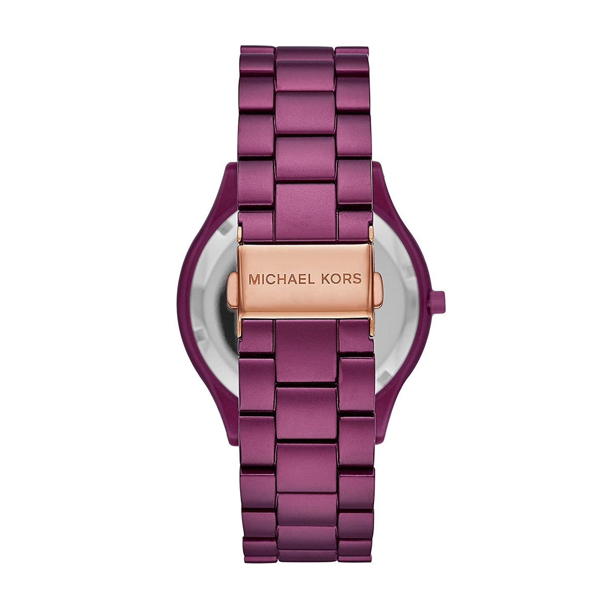 Michael Kors Slim Runway purple watch caseback showing bracelet attachment and MK branding