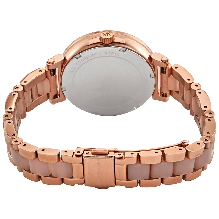 Michael Kors Sofie MK4336 caseback showing stainless steel bracelet and crown