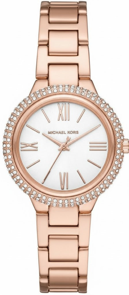 Michael Kors Taryn rose gold women's watch with white dial and crystal pavé bezel