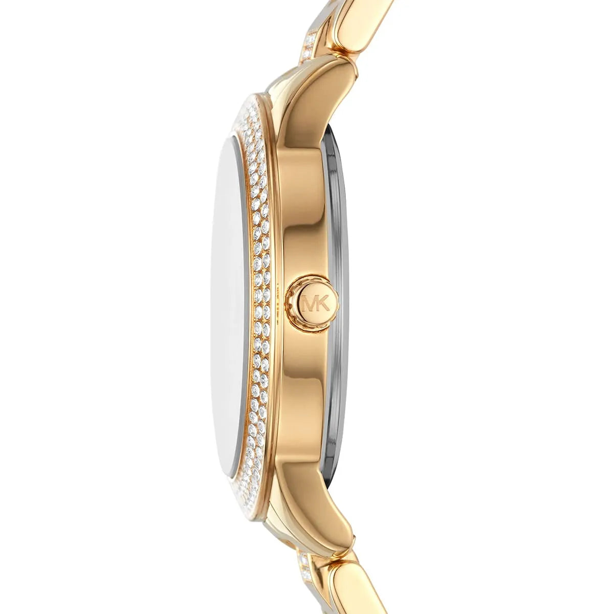 Michael Kors Tibby MK4575 side view showing crystal-set bezel and gold case profile