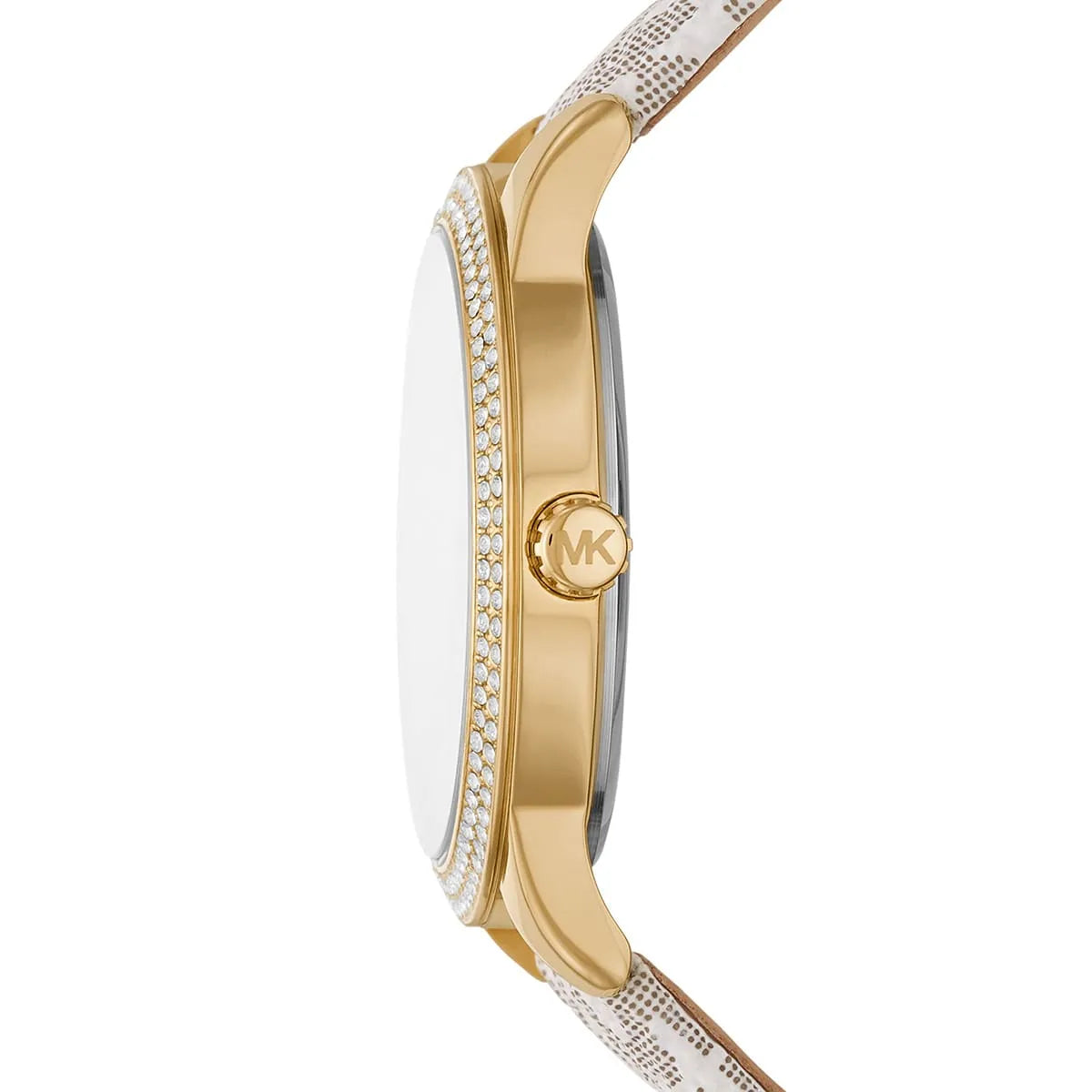 Michael Kors Tibby watch side view showing gold case and crystal bezel detail