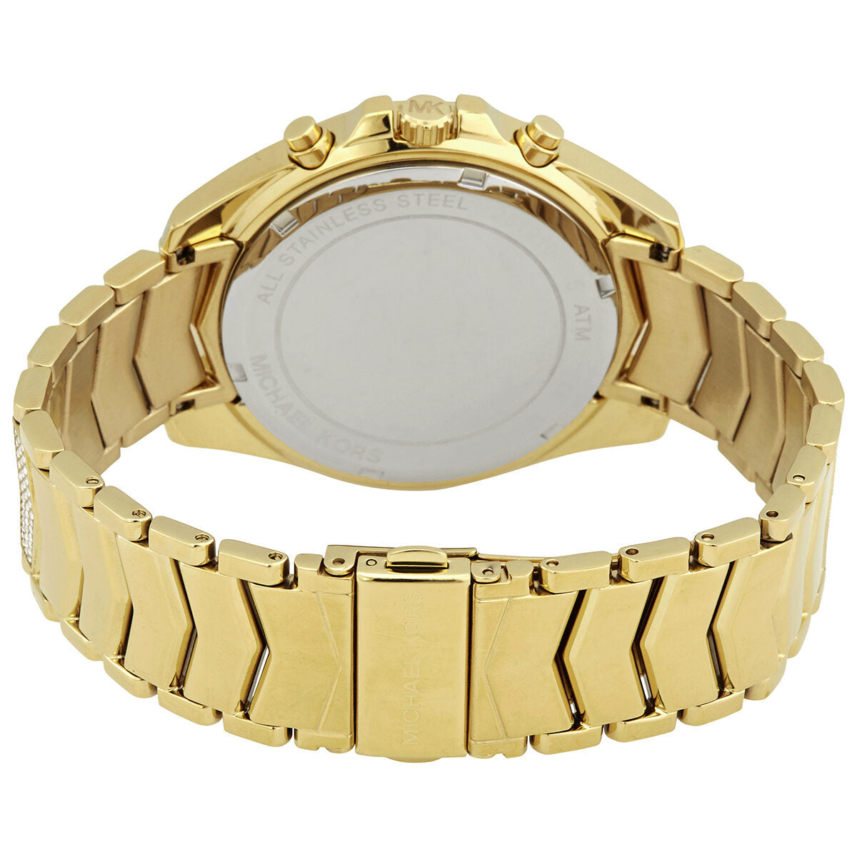 Michael Kors Whitney watch caseback showing stainless steel with engraved text