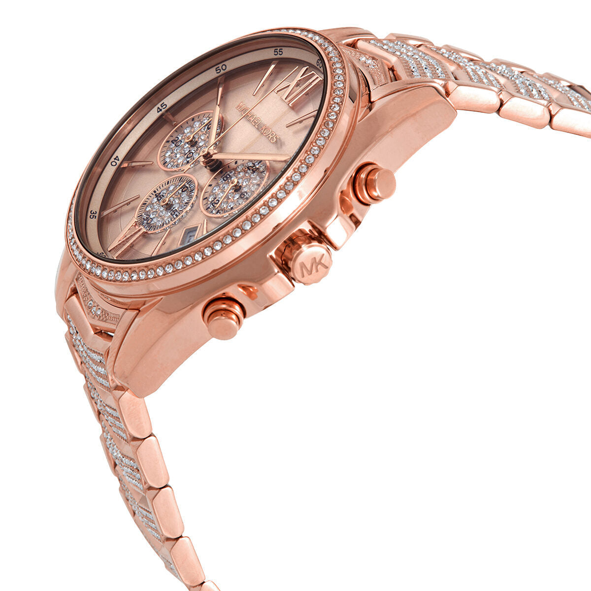 Michael Kors Whitney MK6730 rose-gold chronograph watch from side angle showing profile and bracelet