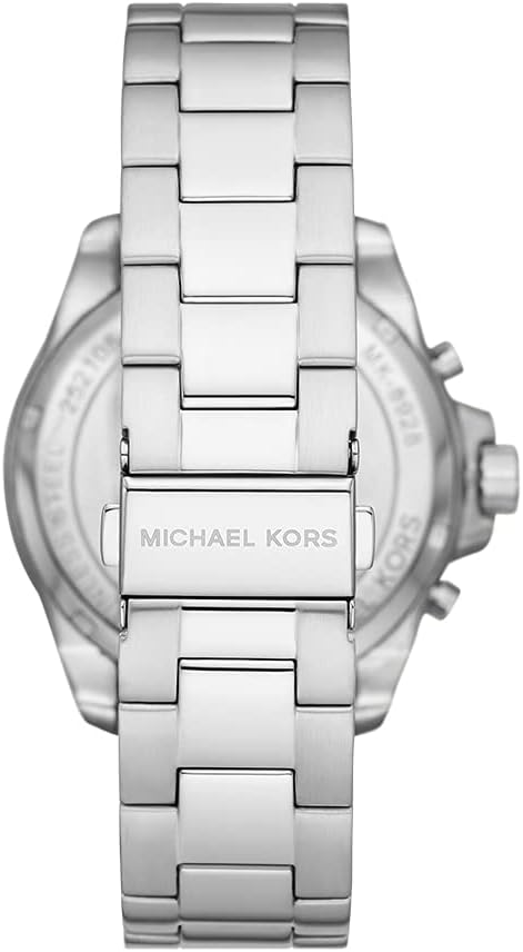 Back view of Michael Kors Wren watch showing silver steel bracelet and caseback