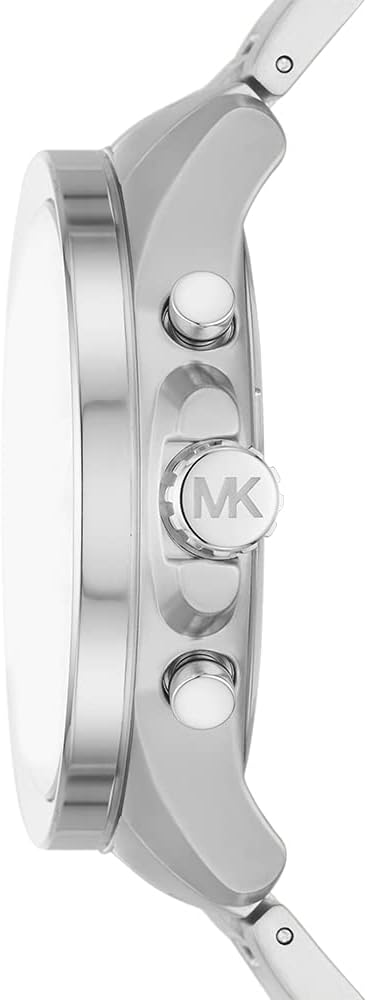 Side profile of Michael Kors Wren watch showing chronograph pushers and MK logo crown