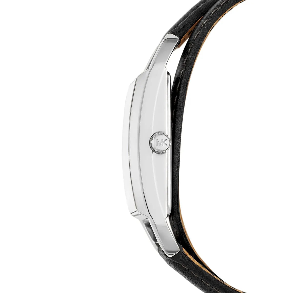 Mini Empire watch side profile showing slim silver case and black leather strap