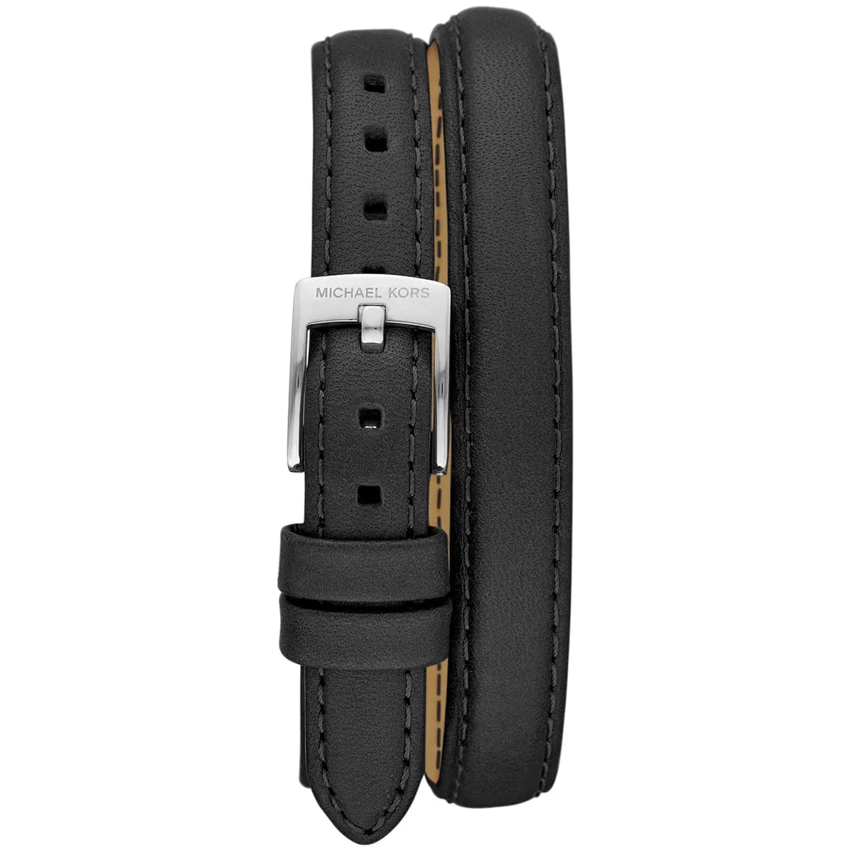 Black leather double-wrap strap with perforations, silver buckle, and tan interior lining detail