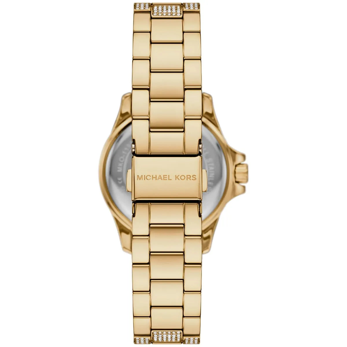 Mini Everest gold-tone watch shown from behind displaying the caseback with Michael Kors logo