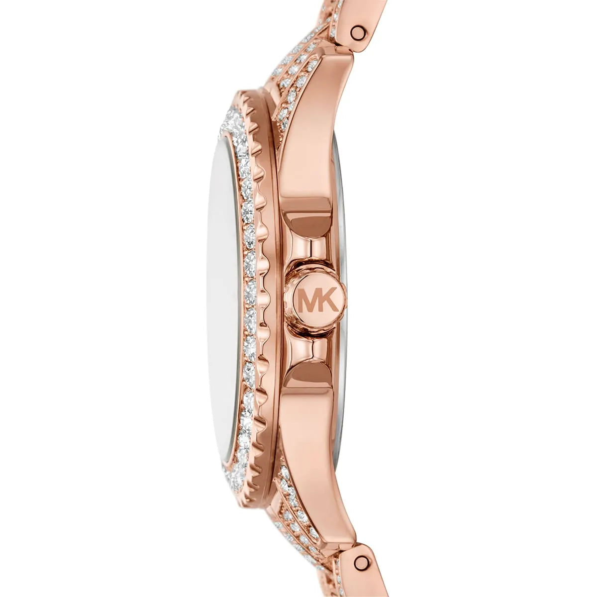 Side view of Mini Everest rose gold-tone watch showing crystal-set bezel and bracelet