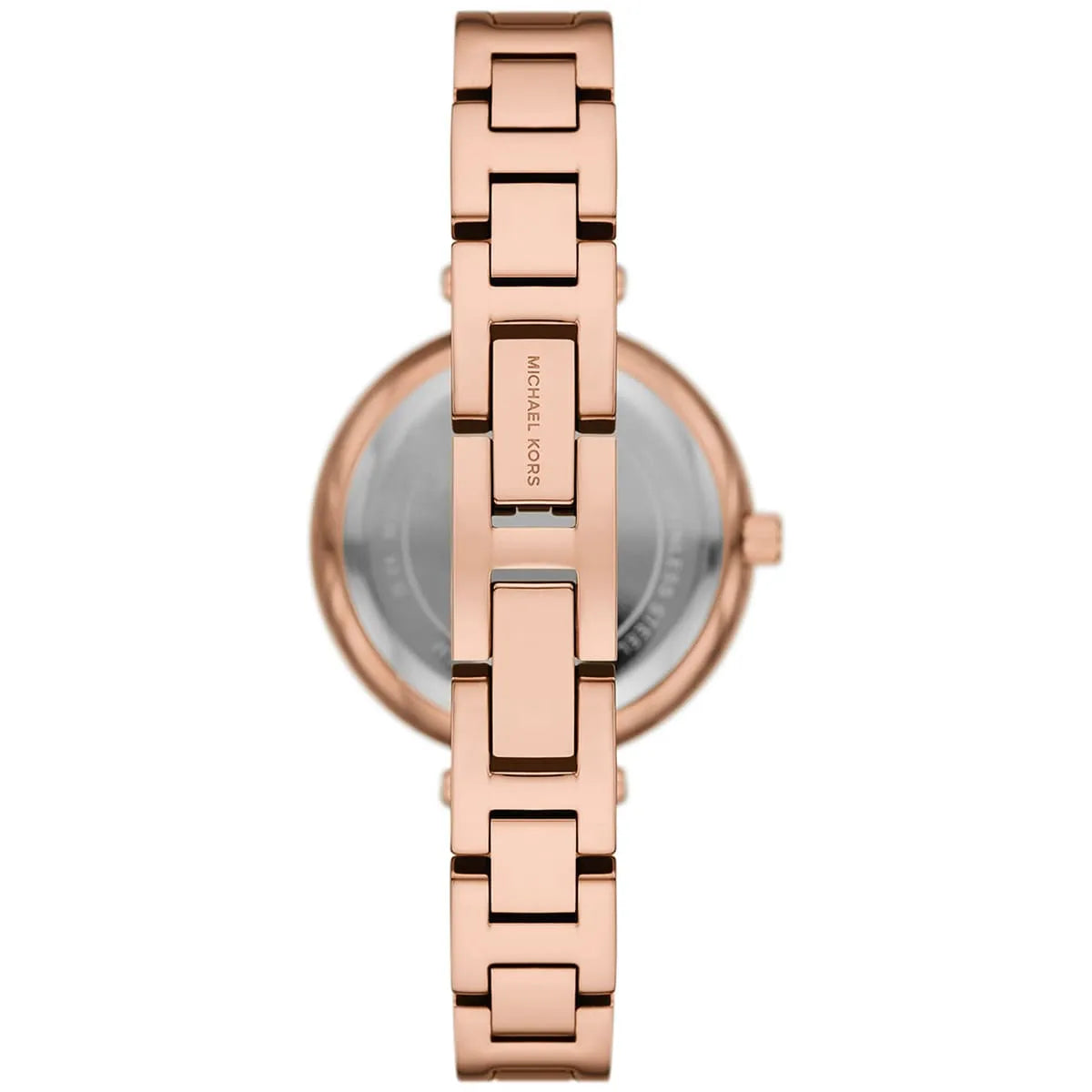 Mini Laney rose gold-tone bangle watch caseback showing metal strap links