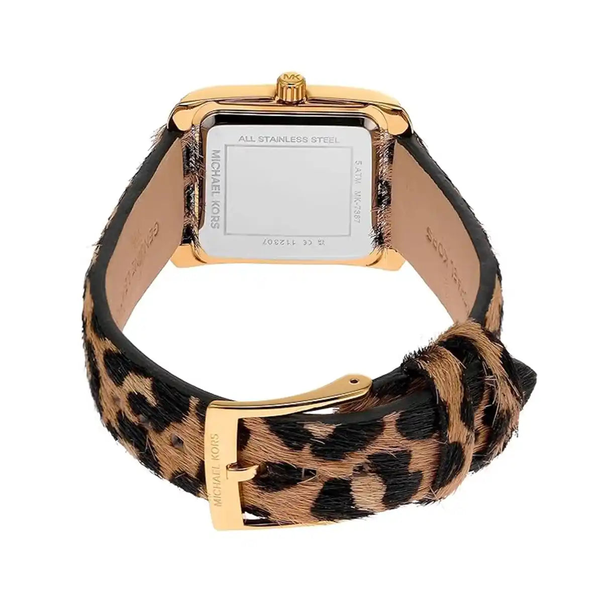 Back view of Michael Kors Emery watch showing stainless steel caseback and strap details