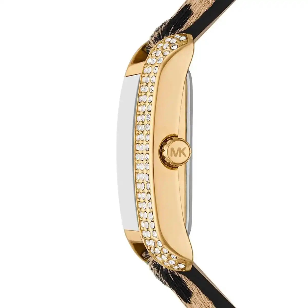 Side view of Michael Kors Emery watch showing crystal-set gold case with MK logo