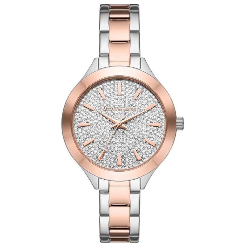 Michael Kors Slim Runway ladies watch with pave crystal dial and two-tone rose gold stainless steel bracelet