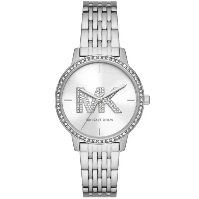 Michael Kors St. Moritz silver-tone women's watch with crystal bezel and MK logo dial