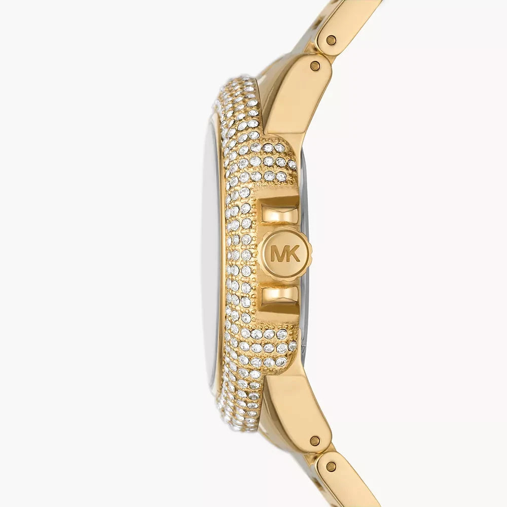 Side view of Corsica watch showing crystal-set bezel and MK logo on case
