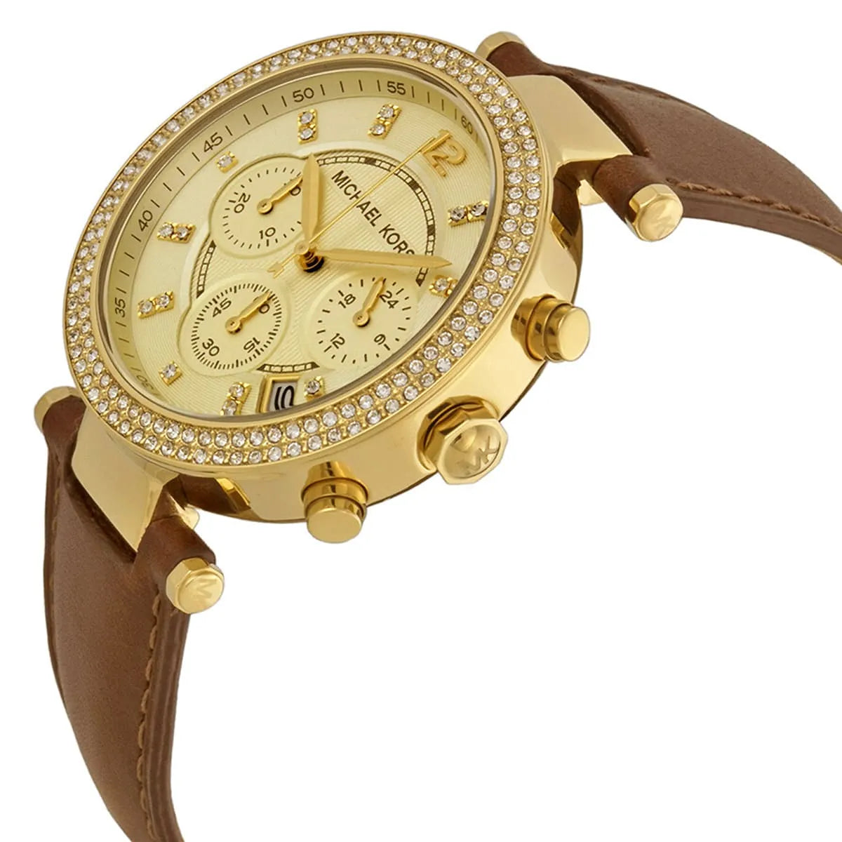 Michael Kors Parker watch side view displaying crystal bezel and chronograph pushers